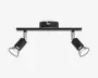 Elegant sort loftspot med to lamper, vandret stang, justerbare cylindriske hoveder og kromdetaljer omkring lyskilderne.