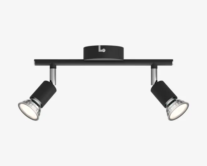 Elegant sort loftspot med to lamper, vandret stang, justerbare cylindriske hoveder og kromdetaljer omkring lyskilderne.