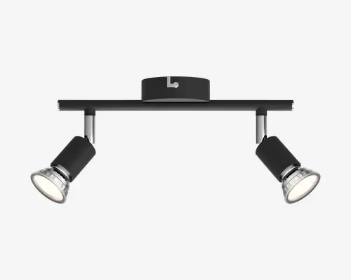 Elegant sort loftspot med to lamper, vandret stang, justerbare cylindriske hoveder og kromdetaljer omkring lyskilderne.