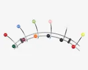 En buet vægmonteret bøjle i metal med ti kroge, hver afsluttet med en blank, rund kugle i forskellige farver. Farverne inkluderer rød, grøn, blå, lilla, orange, lysegrøn, lyserød, mørkeblå, sort, hvid og gul. Krogene er jævnt fordelt langs buen, og designet er moderne og legende, velegnet til ophængning af jakker, hatte eller tasker.