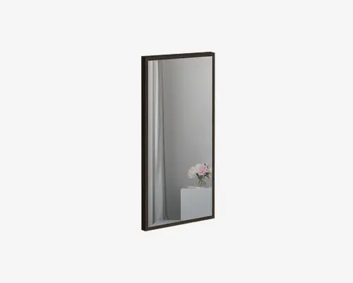 Rektangulært spejl med en slank, mørk metalramme. Spejlet har et moderne, minimalistisk design og reflekterer et lyst gardin samt et lille bord med en vase med lyserøde blomster.