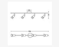 Teknisk tegning, der viser målene på en loftmonteret lampe med fire justerbare spotlights. Lampen har en rektangulær base, der måler 80 mm i bredden, en samlet højde på 130 mm fra loftet til bunden af spotlights, og en samlet længde på 694 mm. Spotlights er jævnt fordelt langs lampens længde og kan vinkles efter behov.