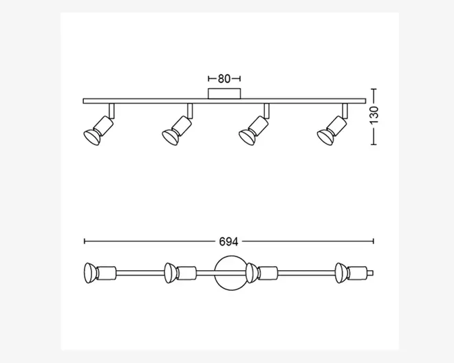 Teknisk tegning, der viser målene på en loftmonteret lampe med fire justerbare spotlights. Lampen har en rektangulær base, der måler 80 mm i bredden, en samlet højde på 130 mm fra loftet til bunden af spotlights, og en samlet længde på 694 mm. Spotlights er jævnt fordelt langs lampens længde og kan vinkles efter behov.