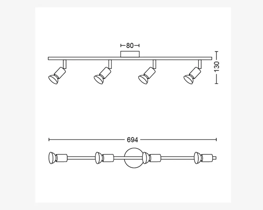 Teknisk tegning, der viser målene på en loftmonteret lampe med fire justerbare spotlights. Lampen har en rektangulær base, der måler 80 mm i bredden, en samlet højde på 130 mm fra loftet til bunden af spotlights, og en samlet længde på 694 mm. Spotlights er jævnt fordelt langs lampens længde og kan vinkles efter behov.
