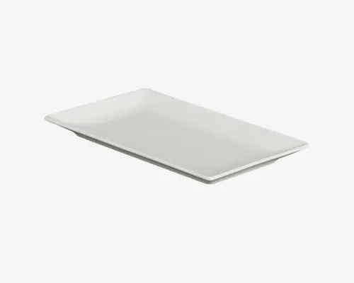 Et rektangulært, hvidt tallerken i keramik med let hævede kanter og en glat, blank overflade. Tallerkenen har et enkelt, moderne design og en flad bund, velegnet til servering af forretter, sushi eller desserter.