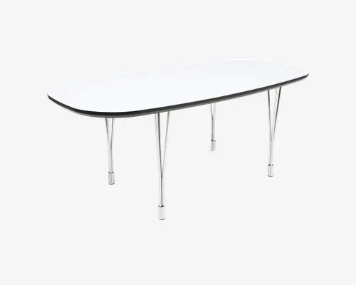 Ovalt bord med en glat, hvid bordplade og en tynd sort kant. Bordet understøttes af seks slanke ben i kromfinish, som giver stabilitet. Designet er minimalistisk og moderne, velegnet til mødelokaler eller spisestuer.