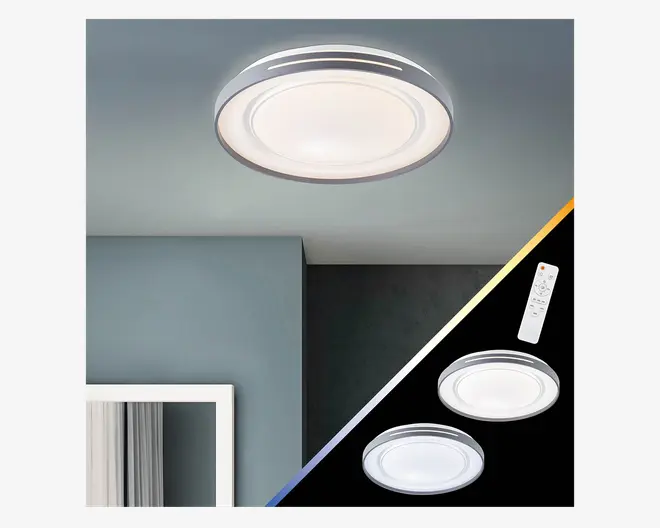 Rundt, moderne loftarmatur med en slank, sølvfarvet metalramme og en mat hvid diffuser, der giver jævn lysfordeling. Armaturet er vist monteret i loftet og leveres med en fjernbetjening til justering af lysstyrke og farvetemperatur. Lyset kan udsende både varmt og koldt hvidt lys, hvilket illustreres af farvegradienten og de to forskellige belysningseksempler på billedet.