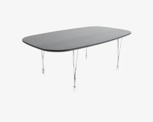 Rektangulært bord med afrundede hjørner, glat mørk bordplade og slanke, polerede metalben. Designet er minimalistisk og moderne med en tynd bordplade og let tilspidsede ben, der giver et stilrent og nutidigt udtryk.