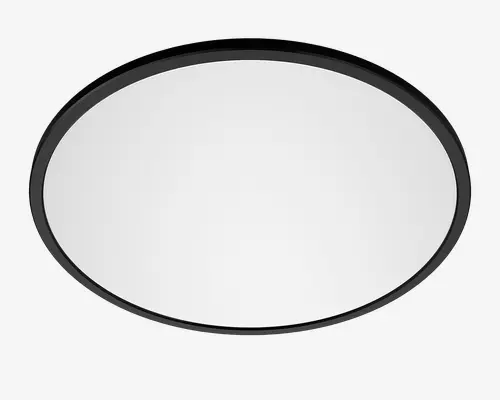 Et rundt, fladt panel med en glat, hvid overflade og en slank sort kant. Designet er minimalistisk og moderne med et sømløst udtryk uden synlige skruer eller beslag. Den sorte ramme står i kontrast til det hvide midterfelt og giver et rent og nutidigt udseende.