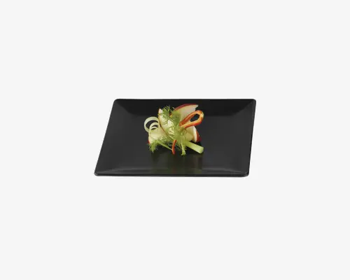 Rektangulær sort tallerken med blank overflade og let hævet kant. Tallerkenen er vist med en lille grøntsagsgarniture i midten, hvilket fremhæver dens anvendelse til moderne eller minimalistisk anretning.