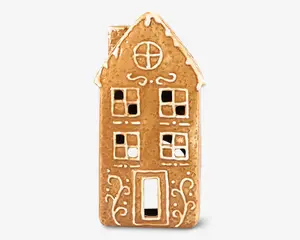 En honningkage formet som et højt hus med spidst tag. Kagen har udskårne vinduer og en dør, samt hvide glasurdetaljer, der markerer vinduer, dør og dekorative snirkler på facaden. Øverst er der et rundt vindue, og nedenunder er der firkantede vinduer på begge etager.
