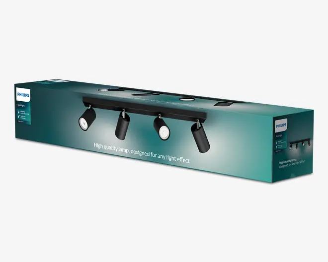 Lang turkis Philips-emballage med fire sorte, justerbare spotlamper monteret på en skinne, med lys gradientbaggrund og produktdetaljer trykt på siderne.