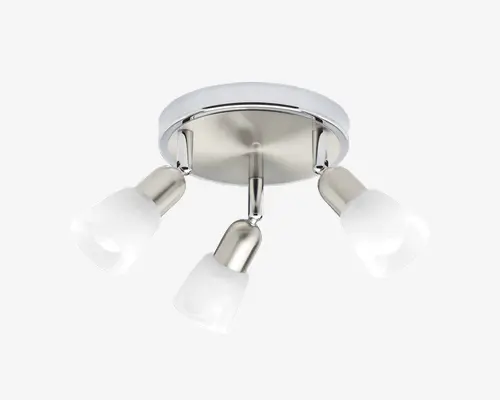 Loftmonteret lampe med rund base i børstet metal og tre justerbare arme, hver med en mat glas-skærm. Armene er jævnt fordelt og kan rettes, så lyset fokuseres i forskellige retninger. Designet er moderne og stilrent, velegnet til nutidige indretninger.
