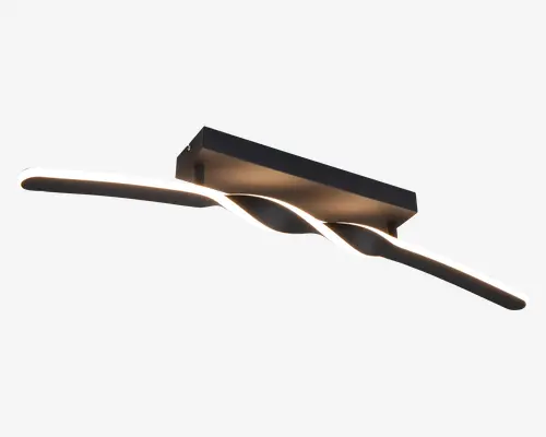 Moderne vægmonteret lampe med en rektangulær sort base og to sammenflettede, bølgeformede LED-lysbånd. Lysbåndene udsender et blødt, diffust hvidt lys langs hele deres længde, hvilket giver et skulpturelt og nutidigt udtryk. Lampen er beregnet til vandret montering og fungerer både som belysning og dekorativt element.
