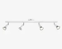 Moderne loftmonteret skinnebelysning med fire justerbare cylindriske spotlys i mat hvid finish. Hvert spotlys kan vinkles individuelt for at rette lyset efter behov. Lampen har et slankt, minimalistisk design med en lige stang og en central monteringsplade.