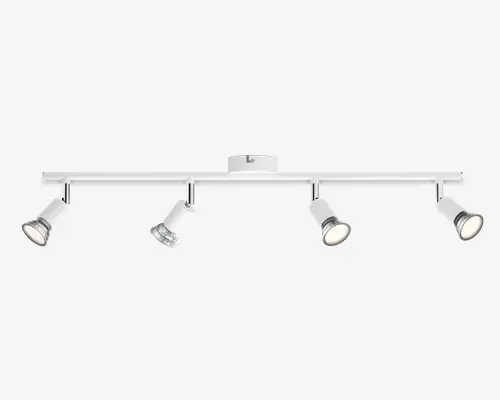 Moderne loftmonteret skinnebelysning med fire justerbare cylindriske spotlys i mat hvid finish. Hvert spotlys kan vinkles individuelt for at rette lyset efter behov. Lampen har et slankt, minimalistisk design med en lige stang og en central monteringsplade.