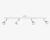 Moderne loftmonteret skinnebelysning med fire justerbare cylindriske spotlys i mat hvid finish. Hvert spotlys kan vinkles individuelt for at rette lyset efter behov. Lampen har et slankt, minimalistisk design med en lige stang og en central monteringsplade.