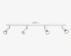 Moderne loftmonteret skinnebelysning med fire justerbare cylindriske spotlys i mat hvid finish. Hvert spotlys kan vinkles individuelt for at rette lyset efter behov. Lampen har et slankt, minimalistisk design med en lige stang og en central monteringsplade.