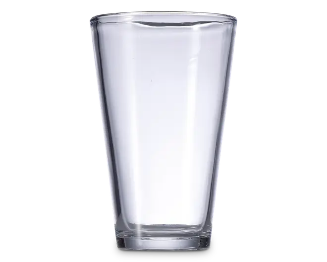 Klar, cylindrisk drikkebeholdere med let konisk form, bredere foroven og smallere forneden. Fremstillet af gennemsigtigt glas med glat overflade og en tyk, solid bund for stabilitet. Randen er afrundet for behagelig drikning.