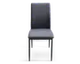 Stol med lige, høj ryg og polstret sæde, begge betrukket med mørkegråt stof. Benene er slanke, lige og lavet af metal med en mørk finish, der matcher betrækket. Designet er moderne og minimalistisk med rene linjer og en komfortabel, støttende konstruktion.