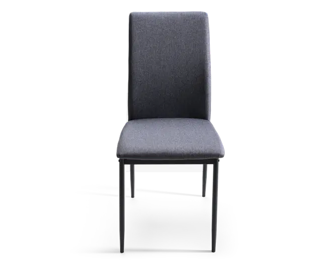 Stol med lige, høj ryg og polstret sæde, begge betrukket med mørkegråt stof. Benene er slanke, lige og lavet af metal med en mørk finish, der matcher betrækket. Designet er moderne og minimalistisk med rene linjer og en komfortabel, støttende konstruktion.