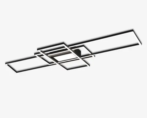 Loftarmatur med et moderne geometrisk design, bestående af tre overlappende rektangulære rammer i mat sort finish. Rammerne er oplyst langs de indvendige kanter med integreret LED-belysning, hvilket giver en klar og jævn lysfordeling. Den centrale monteringsbase er kompakt og diskret, hvilket understreger det minimalistiske udtryk. Velegnet til moderne indretning.