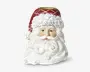 Dekorativt julemandsansigt med rød quiltet hue, hvid fluffy kant, røde kinder og stort, bølgende hvidt skæg; åbning med guldkant i toppen.