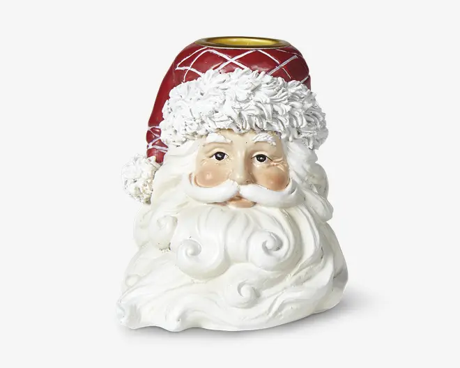 Dekorativt julemandsansigt med rød quiltet hue, hvid fluffy kant, røde kinder og stort, bølgende hvidt skæg; åbning med guldkant i toppen.