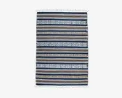 Rektangulært vævet tekstil med vandrette striber i blå, brune og hvide nuancer samt indviklede geometriske mønstre. Kanterne har hvide frynser på begge korte sider, hvilket giver et dekorativt udtryk.