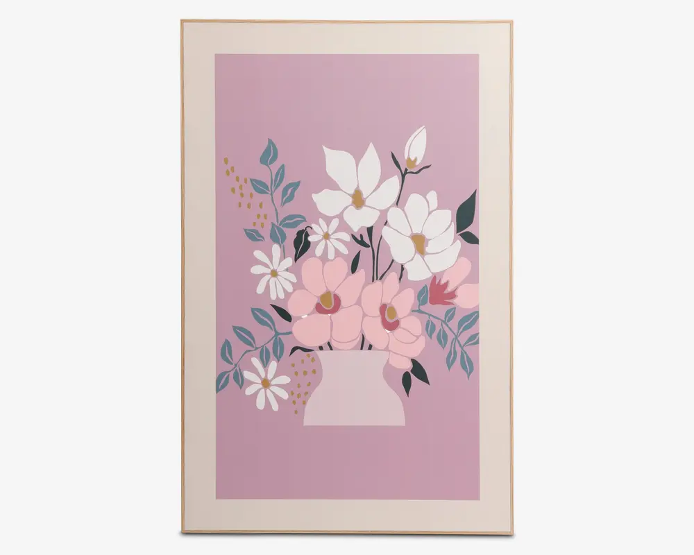 Indrammet kunstværk med en stiliseret buket blomster i en vase, udført i bløde pastelfarver som pink, hvid og grøn. Blomsterne har enkle, grafiske former og er placeret mod en dæmpet lilla baggrund, hvilket giver værket et moderne og minimalistisk udtryk.