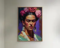 Et indrammet maleri, der viser en person med mørkt hår pyntet med store, farverige blomster i lyserøde og røde nuancer. Personen bærer lange, rektangulære øreringe og flere farverige halskæder. Tøjet er malet i bløde grønne og hvide toner, og baggrunden er en dyb blanding af lilla og blå nuancer. Stilen er generelt dristig og udtryksfuld med synlige penselstrøg og levende farver.