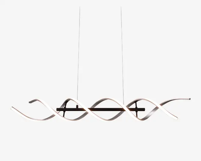 Moderne pendellampe med to sammenflettede, bølgeformede LED-lysbånd ophængt fra loftet med to slanke, justerbare stænger. Lampen har et stilrent, minimalistisk design med en metallisk finish og giver både direkte og omgivende belysning. Velegnet til moderne spisestuer eller køkkenøer.