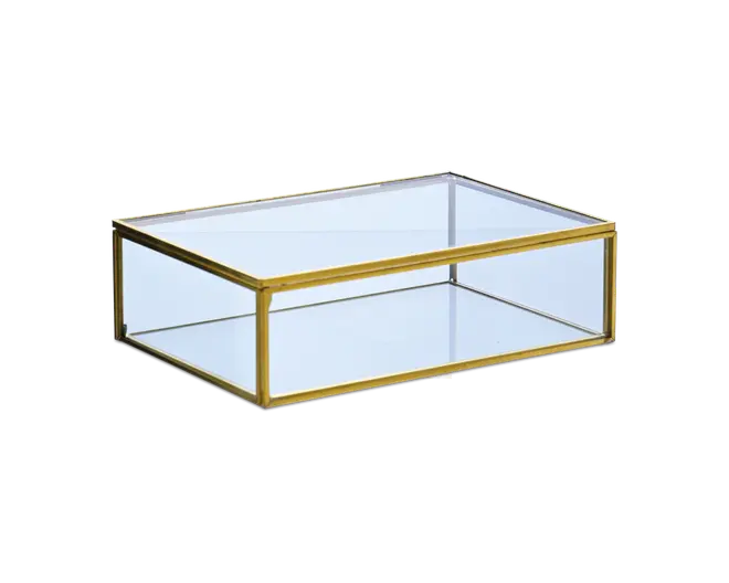 Rektangulær glasæske med guldfarvet metalramme. Æsken har klare glasplader på alle sider, inklusive toppen, hvilket giver fuldt indblik i indholdet. Kanterne er pænt sammensat, og den gyldne ramme giver et elegant og moderne udtryk. Æsken ser ud til at have et hængslet låg for nem adgang.