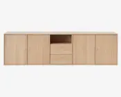 Et lavt, rektangulært opbevaringsmøbel i lyst træ med en glat overflade. Møblet har fire skabslåger – to på hver side – med små runde metalgreb samt to centralt placerede skuffer oven på hinanden, også med små runde greb. Over skufferne er der en åben hylde. Designet er minimalistisk og moderne med rene linjer og uden synlig udsmykning.