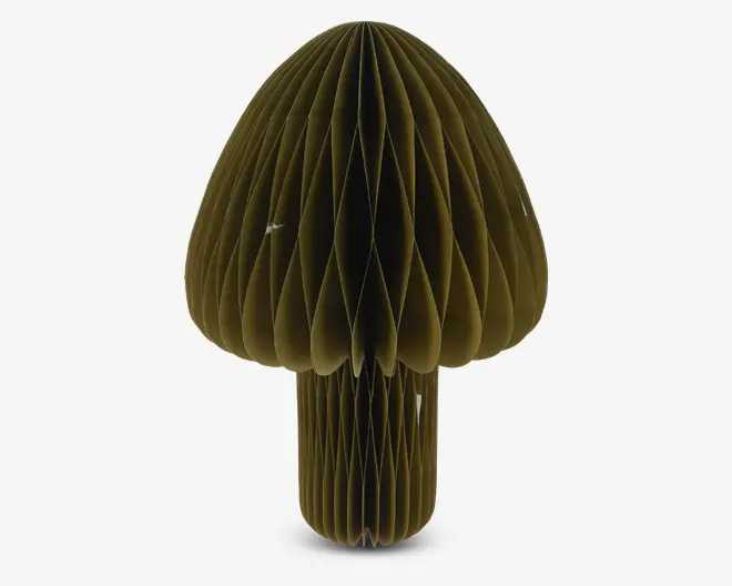 Mørkeolivengrøn honeycomb-papirdeko i form af en svamp med rund hat og cylindrisk stilk. Papiret er foldet i et geometrisk mønster, hvilket giver en tekstureret, tredimensionel effekt. Let og sammenklappelig for nem opbevaring.