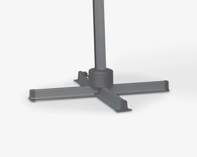 Solid metalbund med fire brede, flade ben, der strækker sig udad for stabilitet. Benene har opadgående ender og er forbundet til en central cylindrisk støtte, som holder en lodret stang. Overfladen er mat grå, og designet er funktionelt til at bære tunge belastninger.