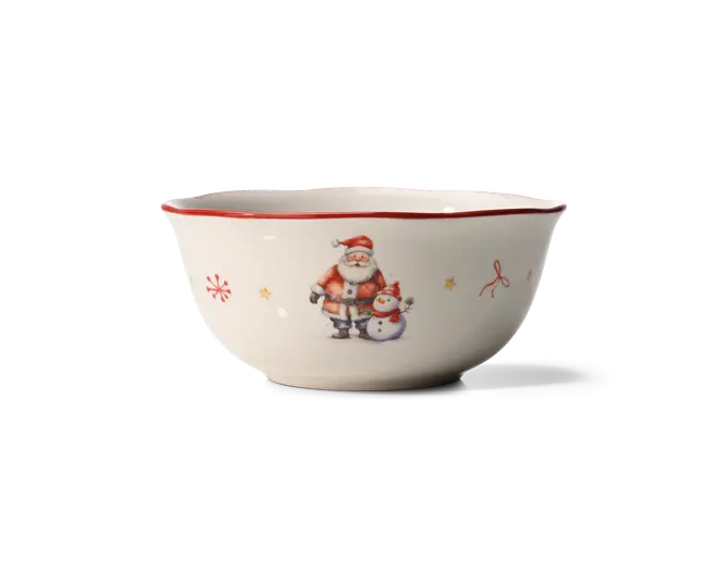 Cremefarvet keramisk skål med en tynd rød kant, dekoreret med en illustration af Julemanden og en snemand samt små festlige julemønstre udenpå.