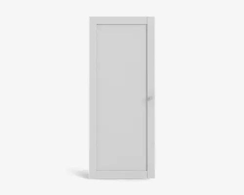 En enkel, hvid dør med et rektangulært design. Døren har en flad overflade med et let forsænket midterpanel og en glat finish. Kanterne er lige, og der er et lille, rundt dørhåndtag i højre side, hvilket indikerer, at døren åbner fra venstre. Stilen er moderne og minimalistisk.