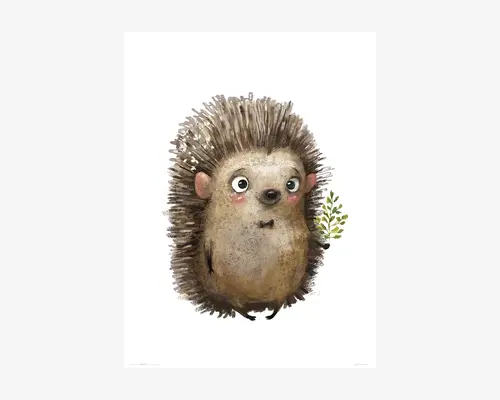 En finurlig illustration af et pindsvin med store, udtryksfulde øjne og røde kinder. Pindsvinet har en rund, blød krop dækket af teksturerede brune og beige pigge, små runde ører og en lille sort næse. Det holder en lille grøn gren med blade i den ene pote, hvilket giver et legende udtryk. Baggrunden er helt hvid, så figuren træder tydeligt frem.