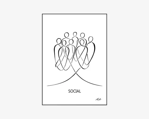 Minimalistisk sort stregtegning, der viser en gruppe på syv abstrakte menneskefigurer, som står tæt sammen og antyder fællesskab eller social interaktion. Linjerne er flydende og sammenflettede, hvilket understreger enhed og forbindelse. Ordet 'SOCIAL' står skrevet under illustrationen.