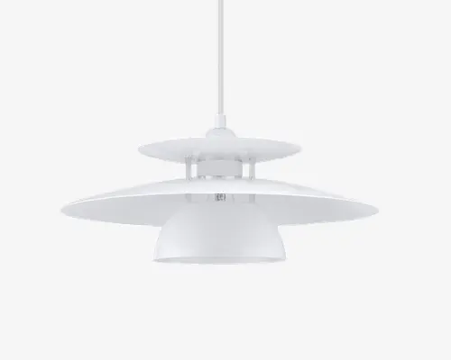 Loftlampe med et moderne, minimalistisk design bestående af tre lagdelte, cirkulære skærme i mat hvid. Skærmene er arrangeret, så lyset spredes jævnt og blænding reduceres. Lampen hænger i en lige, hvid ledning og har en glat, ensartet overflade, hvilket gør den velegnet til moderne indretning.