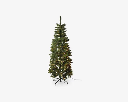 Slankt, kunstigt grantræ med tætte, naturtro grønne grene. Træet er forudmonteret med varme hvide LED-lys, der er jævnt fordelt over grenene og giver en hyggelig julestemning. Det står på et solidt sort metalstativ for stabilitet. Træet har en høj og smal form, hvilket gør det velegnet til mindre rum eller hjørner.