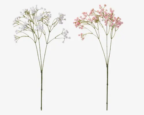 To kunstige blomsterstilke, hver med flere små blomster og fine grønne stilke. Den ene stilk har hvide blomster, mens den anden har lyserøde blomster. Begge stilke har et naturligt, let udtryk med klynger af små blomster og fine forgreninger.