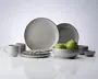 Et sæt keramisk service med minimalistisk design, blank lysegrå glasur og diskrete mørke kanter. Sættet indeholder store middagstallerkener, mindre sidetallerkener, skåle, krus og små dip-skåle. Delene har en glat, let afrundet form og et moderne, enkelt udtryk. Skålen vises med grønne æbler, hvilket fremhæver dens rummelige størrelse.
