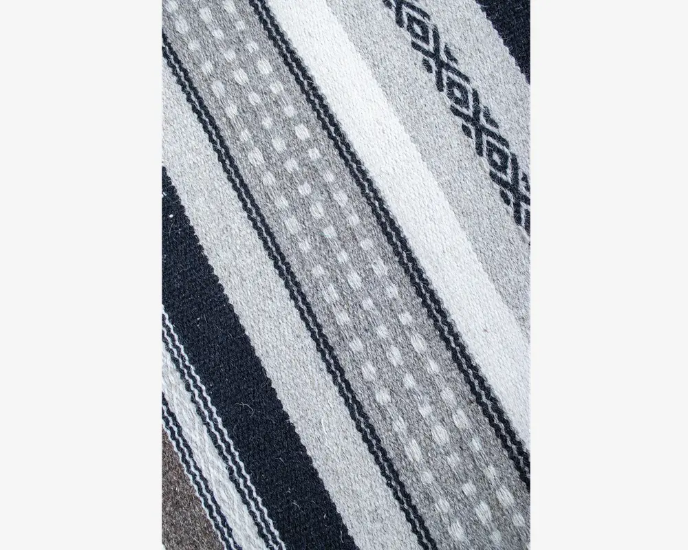 Nærbillede af et vævet tekstil med horisontale striber i sort, grå og hvid. Mønsteret indeholder både ensfarvede bånd, prikmønstre og geometriske diamantmotiver. Stoffet har en let grov overflade, som er typisk for håndvævede materialer.