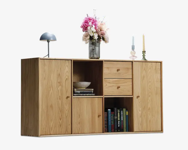 Reolopstilling med døre og skuffer olieret eg