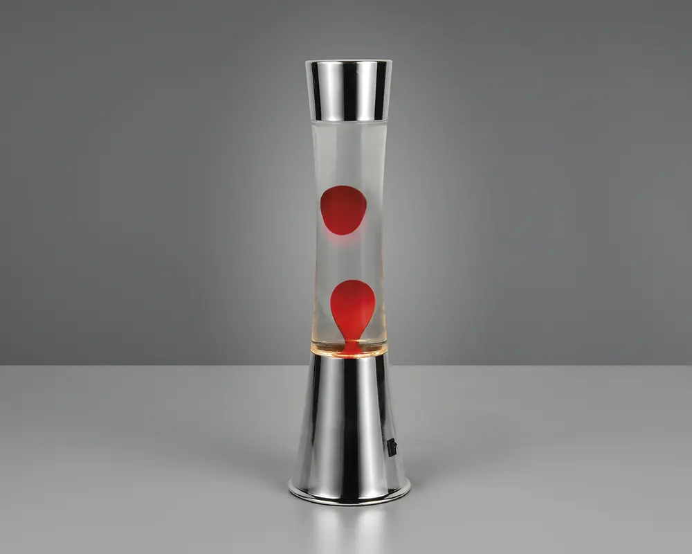 Høj, cylindrisk lampe med sølvfarvet metalbund og -top. Den gennemsigtige midtersektion indeholder en klar væske og to store, røde voksbobler, der svæver indeni og skaber en dekorativ, flydende effekt. Lampen har et moderne, slankt design med en lille sort kontakt på basen.