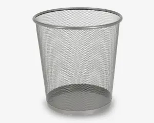Rund affaldskurv lavet af sølvfarvet metalnet med forstærket kant og bund for ekstra holdbarhed. Netdesignet giver synlighed af indholdet og fremmer luftcirkulation for at reducere lugtgener. Let og velegnet til brug på kontorer eller i hjemmet.