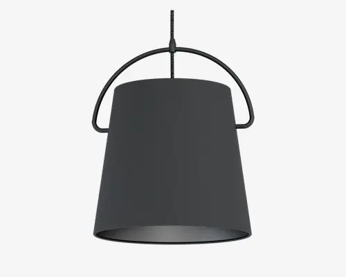 En moderne pendellampe med en mat sort, let konisk cylindrisk skærm. Skærmen er glat og uden dekoration, med en bred åbning i bunden for direkte nedadgående lys. Lampen hænger i en sort ledning og har et karakteristisk buet metalhåndtag over toppen, som giver et moderne designudtryk.
