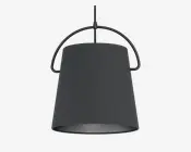 En moderne pendellampe med en mat sort, let konisk cylindrisk skærm. Skærmen er glat og uden dekoration, med en bred åbning i bunden for direkte nedadgående lys. Lampen hænger i en sort ledning og har et karakteristisk buet metalhåndtag over toppen, som giver et moderne designudtryk.